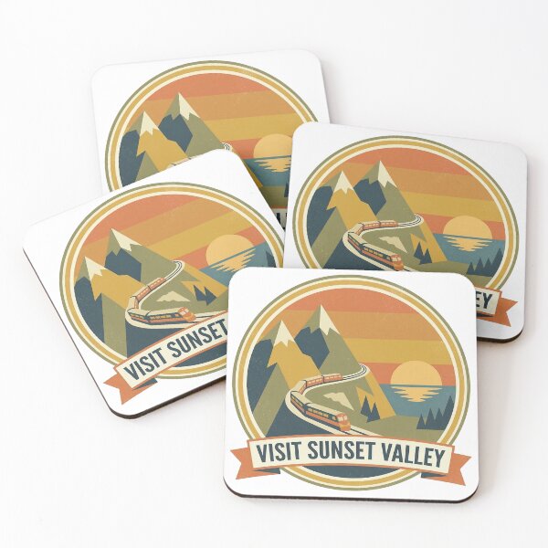 Item preview, Vintagestyle circular illustration of sunset over mountains with train and vibrant colors designed and sold by Robo-toons.