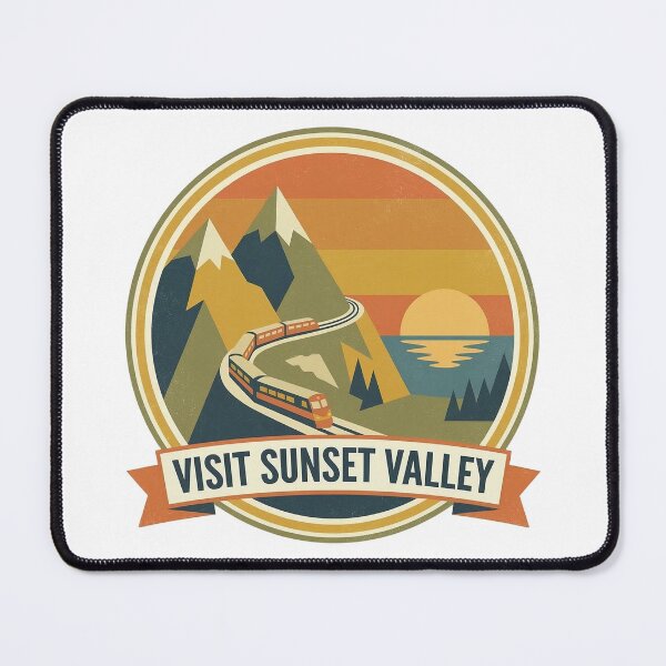 Item preview, Vintagestyle circular illustration of sunset over mountains with train and vibrant colors designed and sold by Robo-toons.