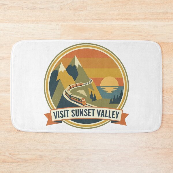 Item preview, Vintagestyle circular illustration of sunset over mountains with train and vibrant colors designed and sold by Robo-toons.