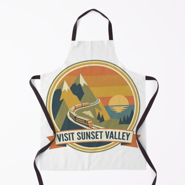 Item preview, Vintagestyle circular illustration of sunset over mountains with train and vibrant colors designed and sold by Robo-toons.