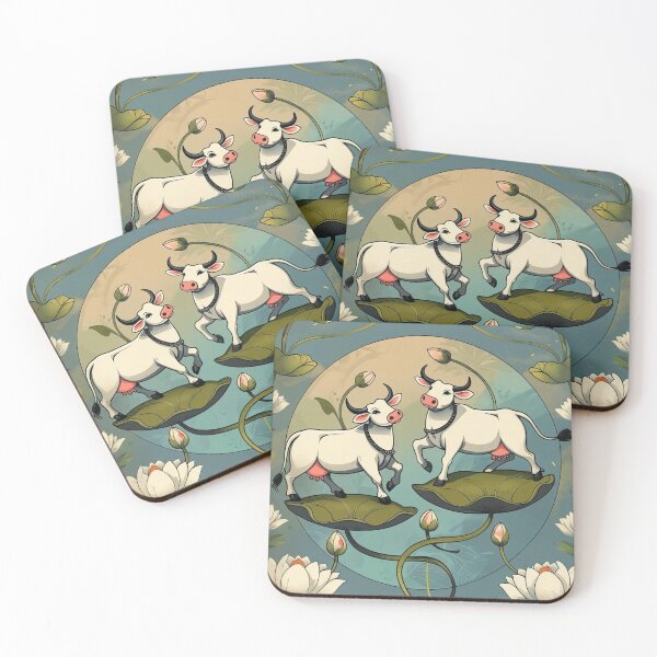 Item preview, Whimsical Sacred Cows Lotus Flowers Indian Folk Art Traditional Painting designed and sold by RSDigitalPrintDesign.