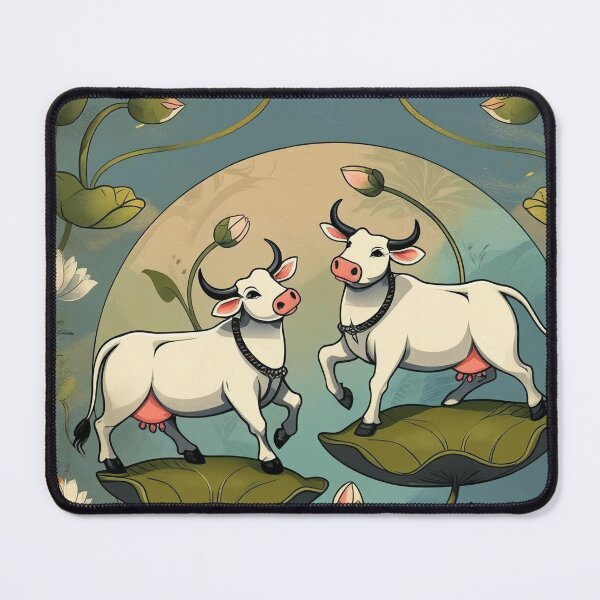 Item preview, Whimsical Sacred Cows Lotus Flowers Indian Folk Art Traditional Painting designed and sold by RSDigitalPrintDesign.