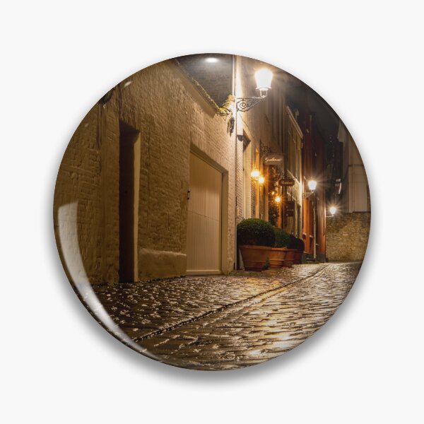 Item preview, Rainy Street at Night in Bruges | Reflections and Street Lamp Photography designed and sold by Martindoran.