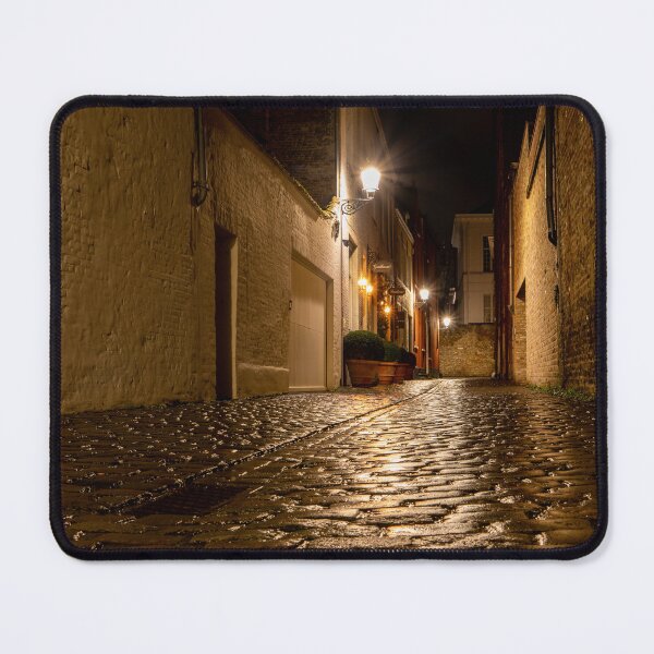 Item preview, Rainy Street at Night in Bruges | Reflections and Street Lamp Photography designed and sold by Martindoran.