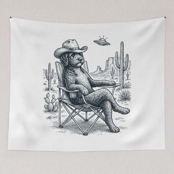 Item preview, Vintage Portuguese Water Dog Cowboy UFO Western Alien Dog Lover designed and sold by DoodleTortle.