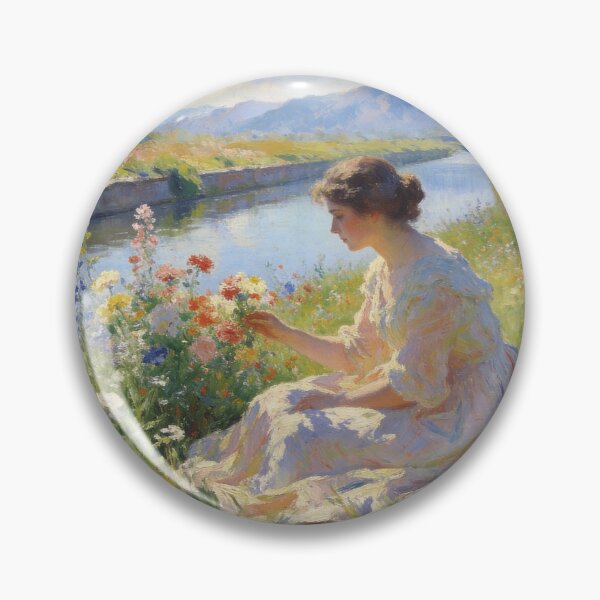 Item preview, Impressionist Woman in Flower Meadow Painting, Romantic Floral Landscape with Mountain & Canal View designed and sold by BlareBlare.