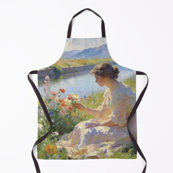 Item preview, Impressionist Woman in Flower Meadow Painting, Romantic Floral Landscape with Mountain & Canal View designed and sold by BlareBlare.