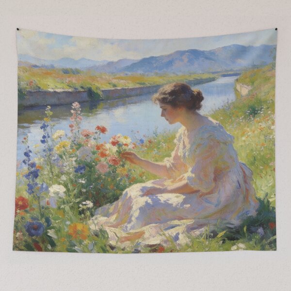 Item preview, Impressionist Woman in Flower Meadow Painting, Romantic Floral Landscape with Mountain & Canal View designed and sold by BlareBlare.