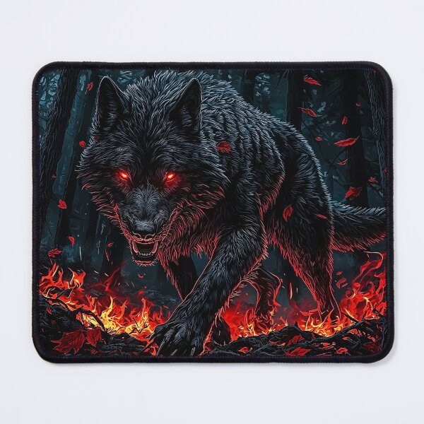 Item preview, Black Wolf with Glowing Red Eyes in Fiery Forest designed and sold by PetsArt.
