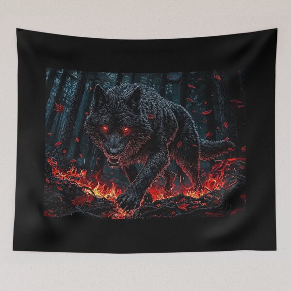 Item preview, Black Wolf with Glowing Red Eyes in Fiery Forest designed and sold by PetsArt.