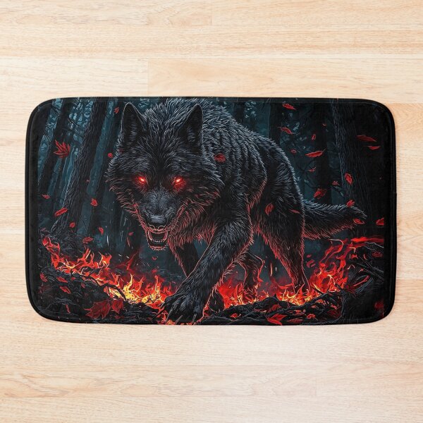 Item preview, Black Wolf with Glowing Red Eyes in Fiery Forest designed and sold by PetsArt.