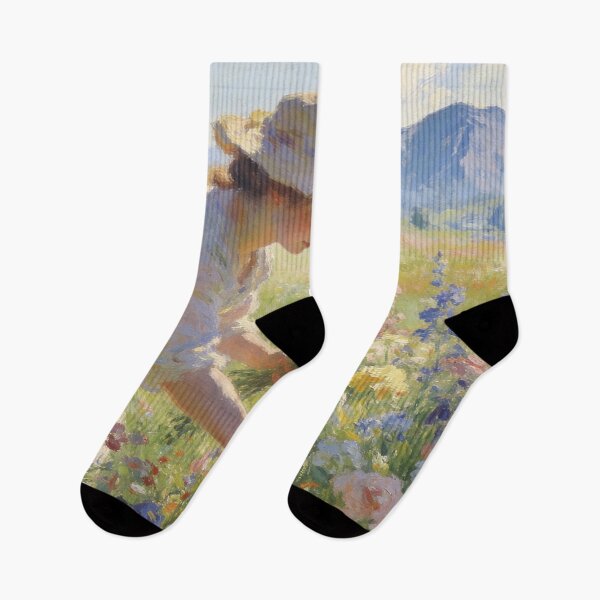 Item preview, Romantic Meadow Scene Artwork, Woman Picking Flowers with Mountain View designed and sold by BlareBlare.