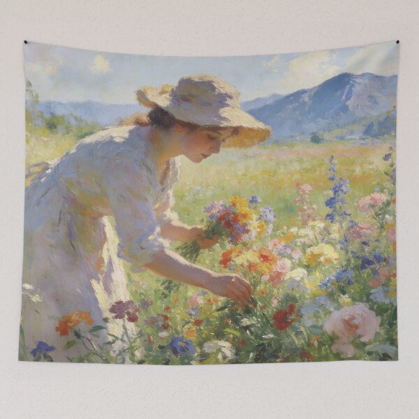 Item preview, Romantic Meadow Scene Artwork, Woman Picking Flowers with Mountain View designed and sold by BlareBlare.