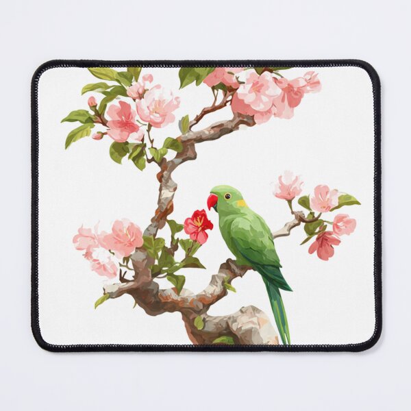 Item preview, Cherry Blossom Bonsai Tree with Green Ringneck Parrot – Pink Background Floral Art designed and sold by AENAcharms.