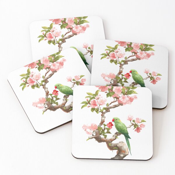 Item preview, Cherry Blossom Bonsai Tree with Green Ringneck Parrot – Pink Background Floral Art designed and sold by AENAcharms.