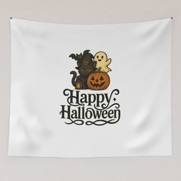 Item preview, Spooky Cat, Pumpkin, Ghost & Bat – Happy Halloween T-Shirt Design designed and sold by best-2025.