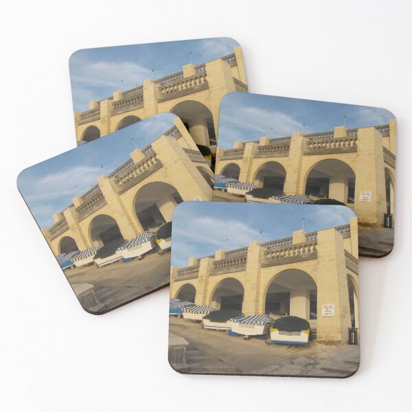 Item preview, Rowboats Stored Under Arched Stone Boathouse With Striped Covers On Sunny Waterfront designed and sold by Nmallia.