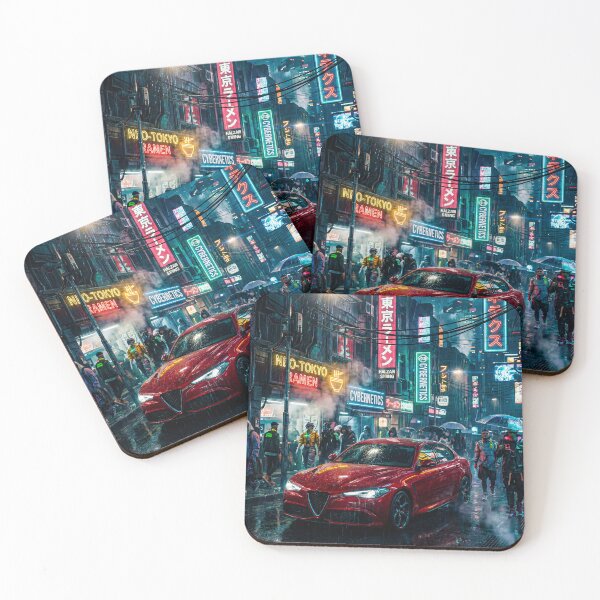 Item preview, Red Sports Car Navigating A Rainy Neon Cyberpunk City Street designed and sold by RevUpDesign.