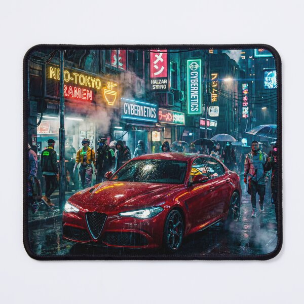 Item preview, Red Sports Car Navigating A Rainy Neon Cyberpunk City Street designed and sold by RevUpDesign.