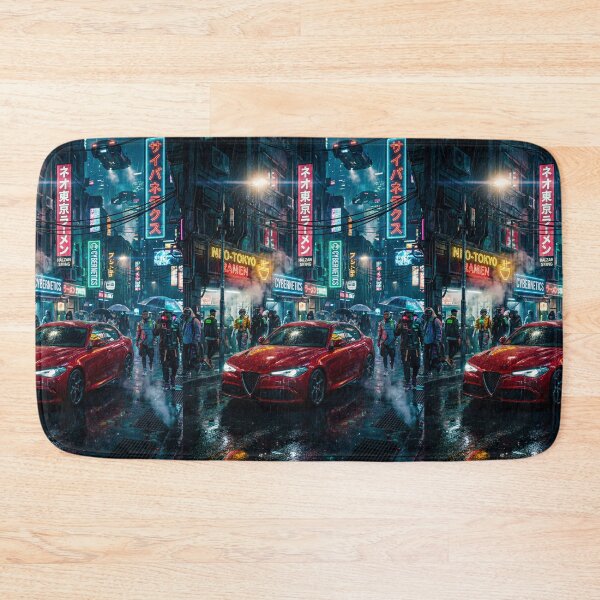 Item preview, Red Sports Car Navigating A Rainy Neon Cyberpunk City Street designed and sold by RevUpDesign.