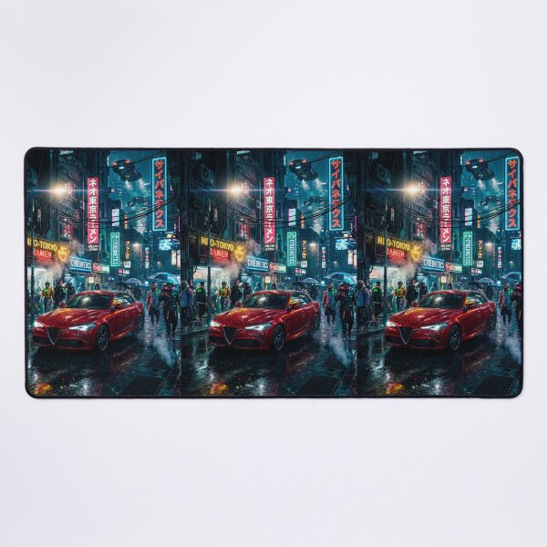 Item preview, Red Sports Car Navigating A Rainy Neon Cyberpunk City Street designed and sold by RevUpDesign.