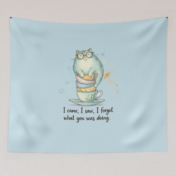 Item preview, Funny Forgetful Cat With Teacups Cute Kawaii Cat Illustration designed and sold by StickyDelights.