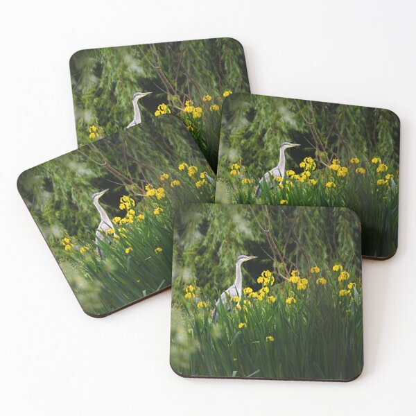 Item preview, Grey heron behind yellow flowers designed and sold by Stephen Jarman.