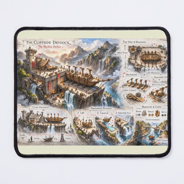 Item preview, The Sky Harbor of Aurelion – Fantasy Cliff Dock Concept Art designed and sold by bubuandfriends.