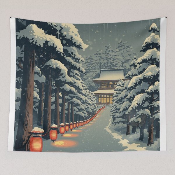 Item preview, Snow Temple Lanterns — Ukiyo‑e Style Japanese Winter Landscape designed and sold by Vandy Fullam.