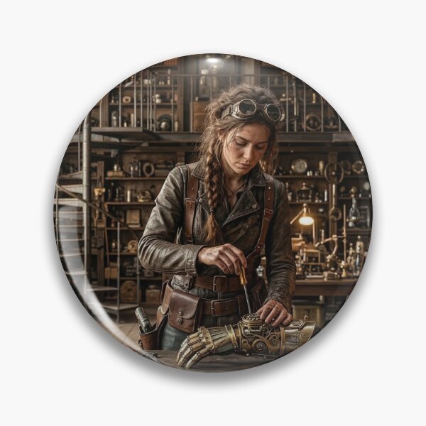 Item preview, Female Steampunk Engineer Repairing Brass Mechanical Arm designed and sold by NiceArtsPlace.