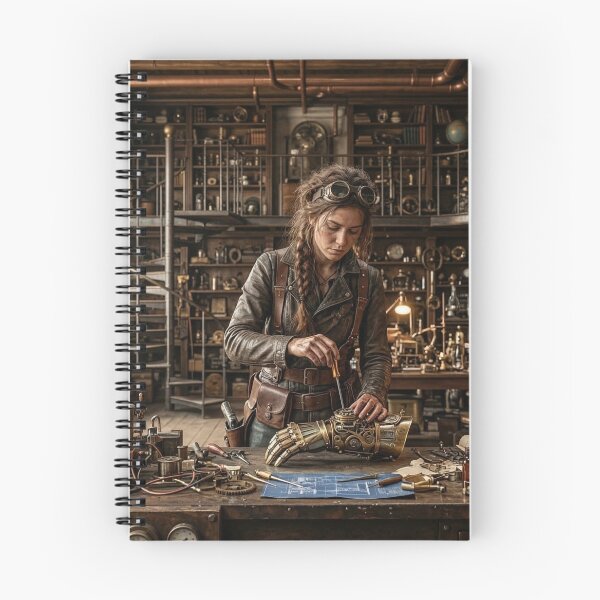 Item preview, Female Steampunk Engineer Repairing Brass Mechanical Arm designed and sold by NiceArtsPlace.