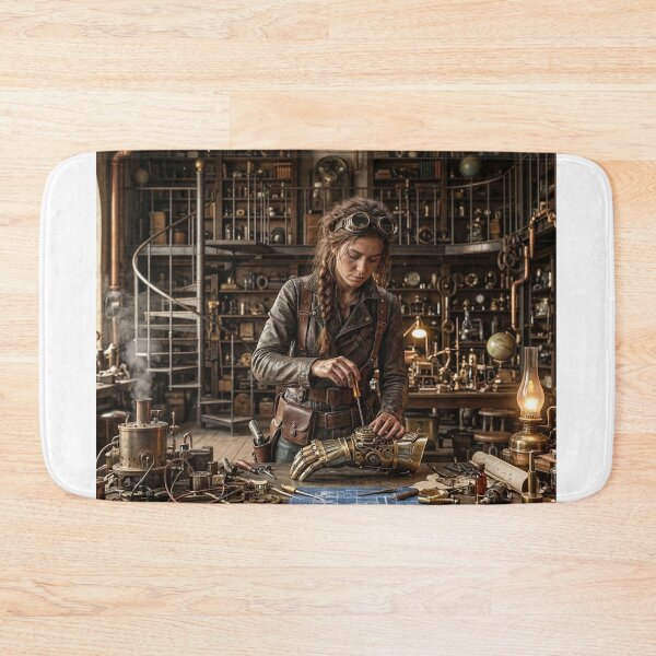 Item preview, Female Steampunk Engineer Repairing Brass Mechanical Arm designed and sold by NiceArtsPlace.