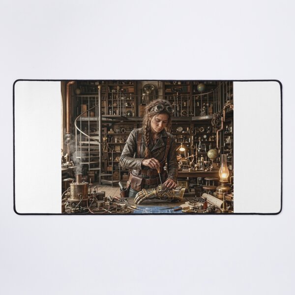 Item preview, Female Steampunk Engineer Repairing Brass Mechanical Arm designed and sold by NiceArtsPlace.