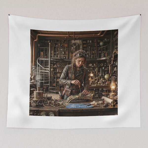 Item preview, Female Steampunk Engineer Repairing Brass Mechanical Arm designed and sold by NiceArtsPlace.