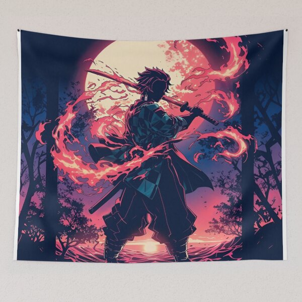 Item preview, Flame Samurai Under the Blood Moon – Anime Fire Sword Silhouette designed and sold by Dyan4.