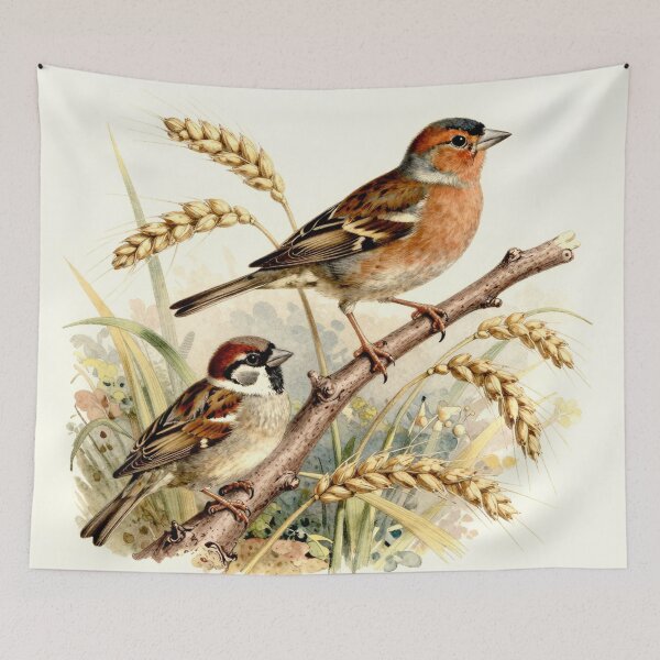 Item preview, House Sparrows on Wheat Branch – Vintage Natural History Bird Illustration designed and sold by AnimalAirtistry.