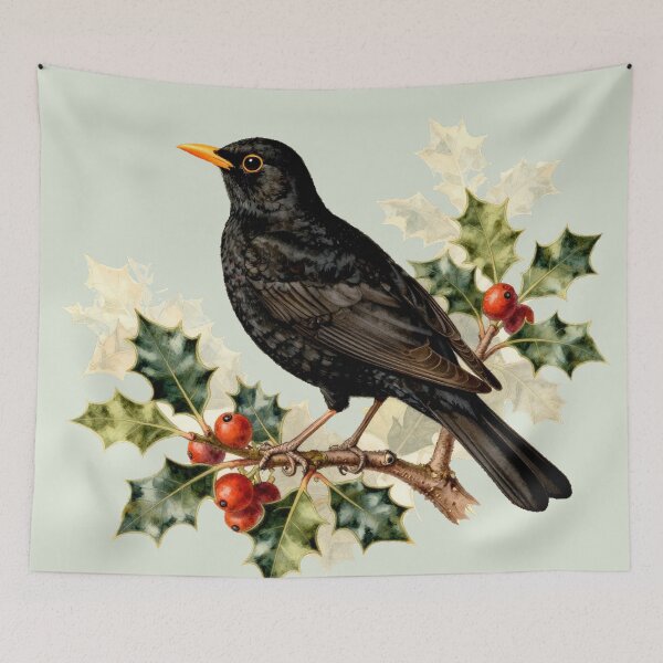Item preview, Eurasian Blackbird on Holly Branch – Vintage Natural History Bird Illustration designed and sold by AnimalAirtistry.