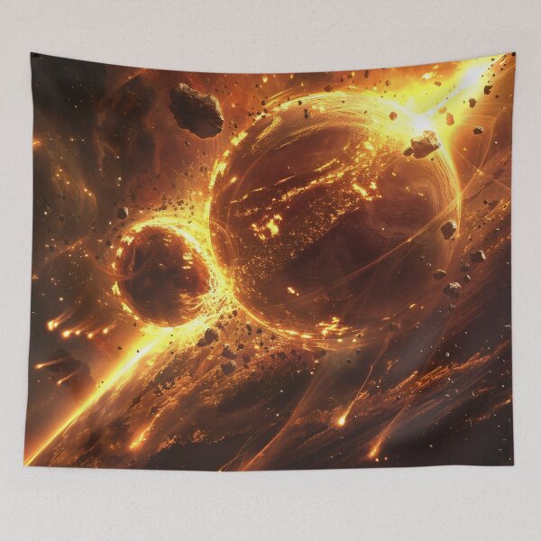 Item preview, Collision of two planets in glowing space designed and sold by CosmicGlyph.