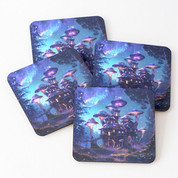 Item preview, Moonshine Grove – Glowing mushroom houses under starlight designed and sold by CosmicGlyph.