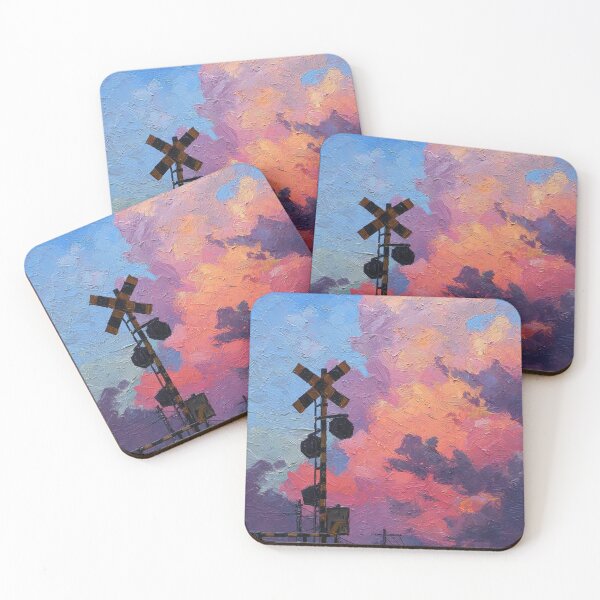 Item preview, Railway Signal Under Pink Sunset Sky Painting designed and sold by NovaPetal17.