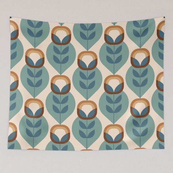Item preview, Retro Mid Century Modern Flowers - Blue, chocolate browns, beige designed and sold by JMgraphic.