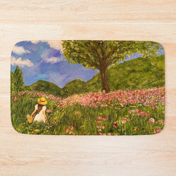Item preview, Girl Walking Through a Wildflower Meadow – Peaceful Cottagecore Landscape Painting designed and sold by hopenoli_art.