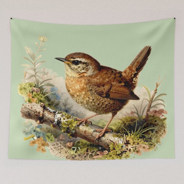 Item preview, Eurasian Wren on Mossy Branch – Vintage Natural History Bird Illustration designed and sold by AnimalAirtistry.