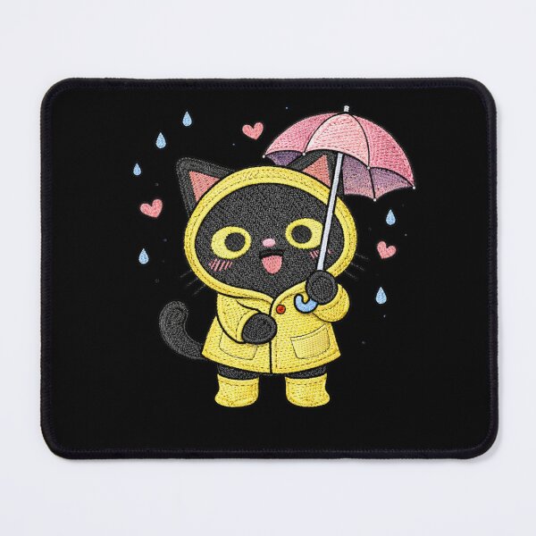 Item preview, Cute Kawaii Black Cat in Raincoat – Embroidery Patch Style Rainy Day Kitty designed and sold by ColorSplash123.