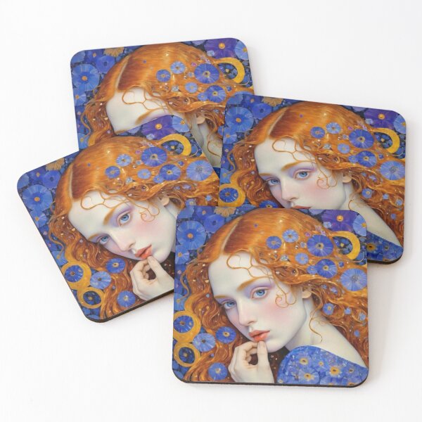 Item preview, Red Hair Girl With Blue Flowers Fantasy Portrait Art designed and sold by LunaBloom07.