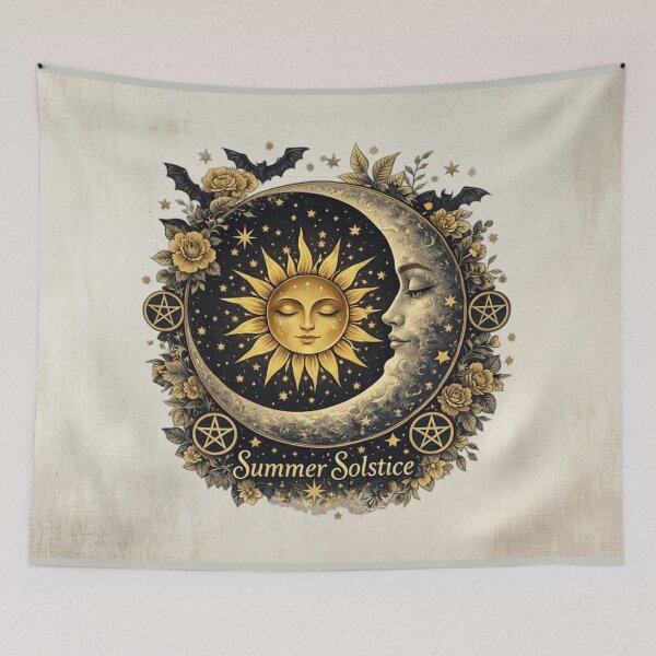 Item preview,  Witchy Summer Solstice Celestial Sun & Moon With Pentagrams Bats and Flowers designed and sold by MysticOzzy.