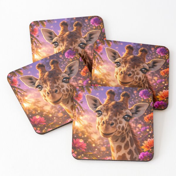 Item preview, Close Up Of An Adorable Giraffe Cub With Wide Eyes In A Flower Field At Sunset designed and sold by Dreamy Armine Art.