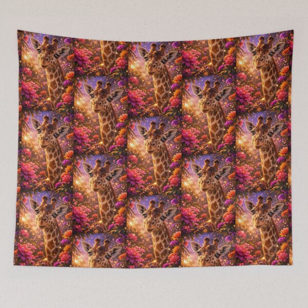 Item preview, Close Up Of An Adorable Giraffe Cub With Wide Eyes In A Flower Field At Sunset designed and sold by Dreamy Armine Art.