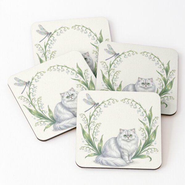 Item preview, Whimsical Chinchilla Persian Cat in Lily of the Valley Botanical Illustration designed and sold by Englandbear.