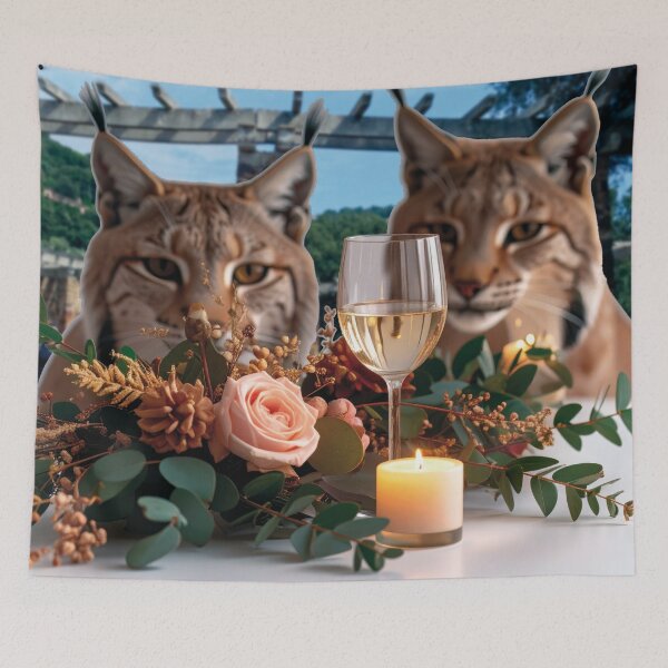 Item preview, Two curious lynxes stare intently at a glass of wine on a beautifully set table! designed and sold by Alan-David.